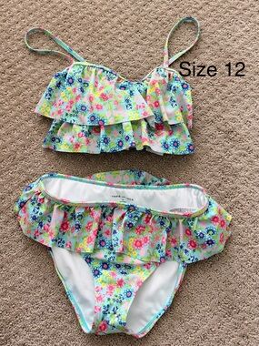 Janie and Jack Mint Floral Ruffled Two-Piece Swim Set with Pink and Blue Flowers
